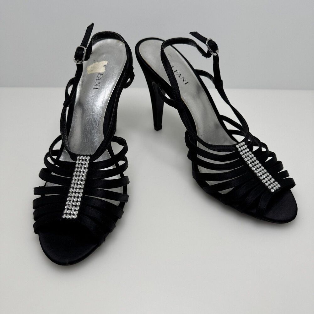 Alfani Black Satin Strappy Brenna Rhinestone Bling Slingback Heels Size 7.5 M